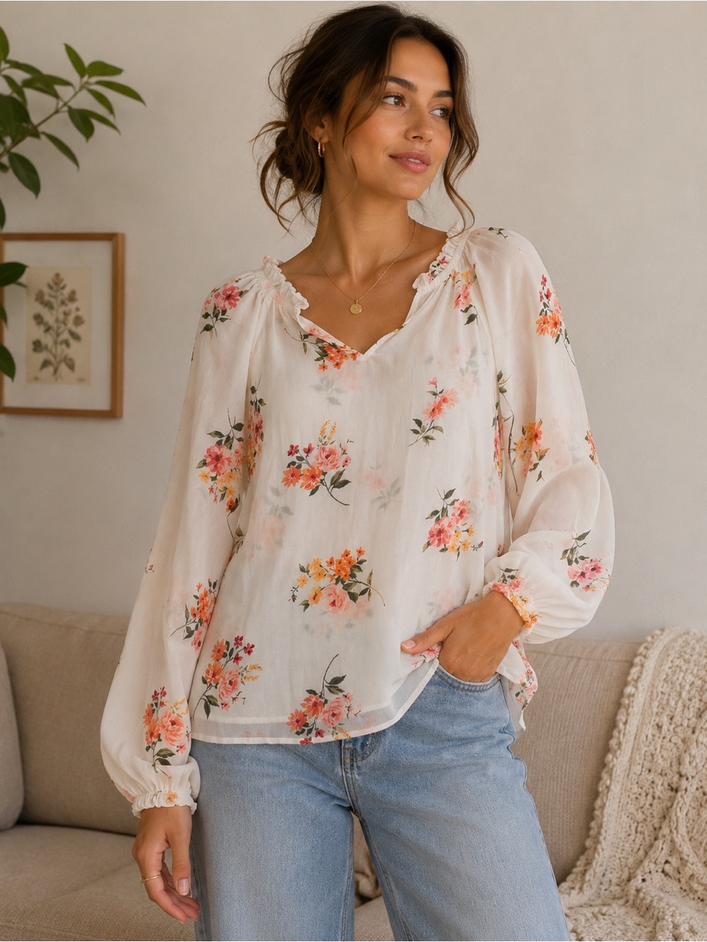 NWT Old Navy Floral Peasant Blouse Small White Pink Orange 100% Rayon